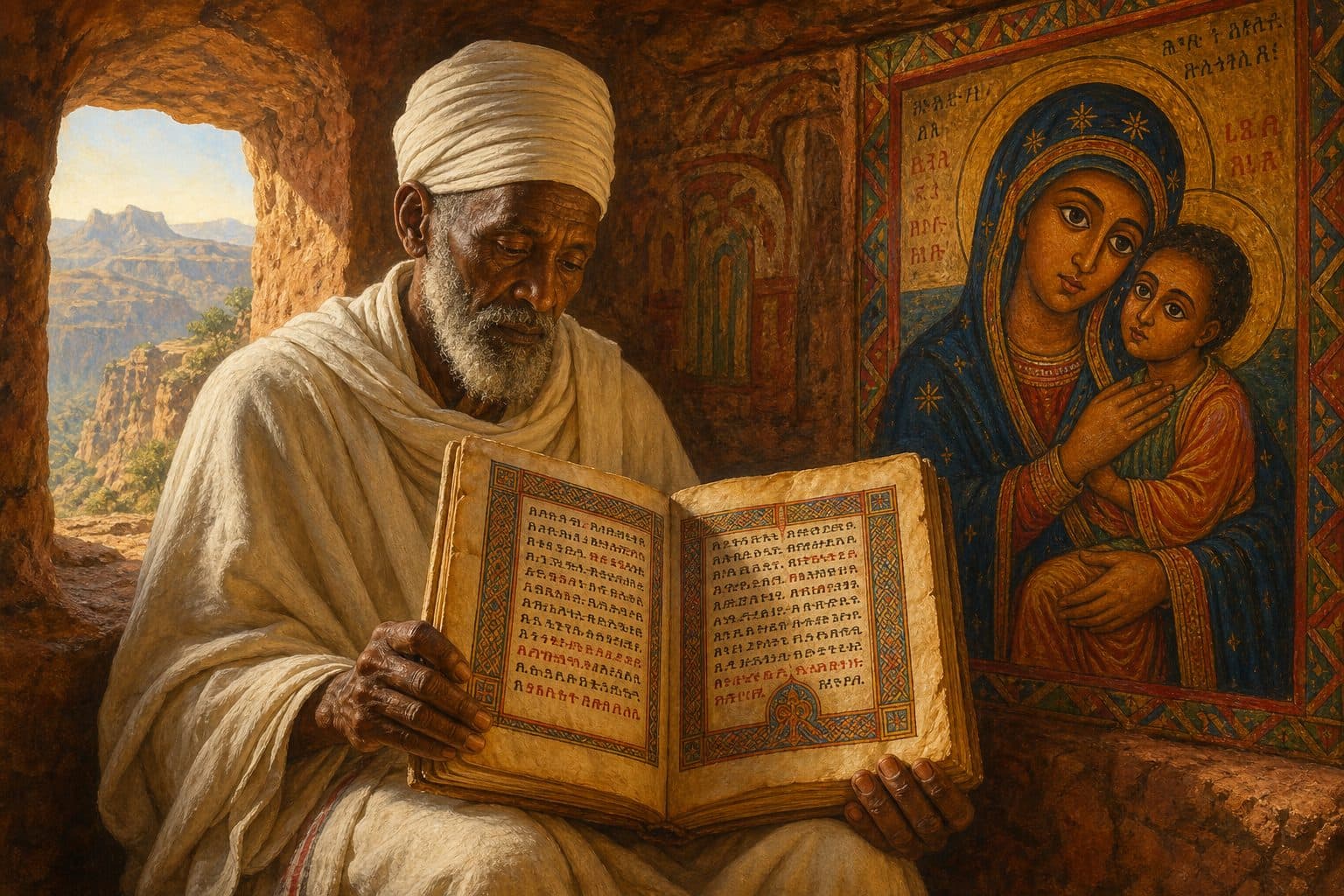 Artistic depiction of an Ethiopian Orthodox monk reading an illuminated Ge'ez manuscript